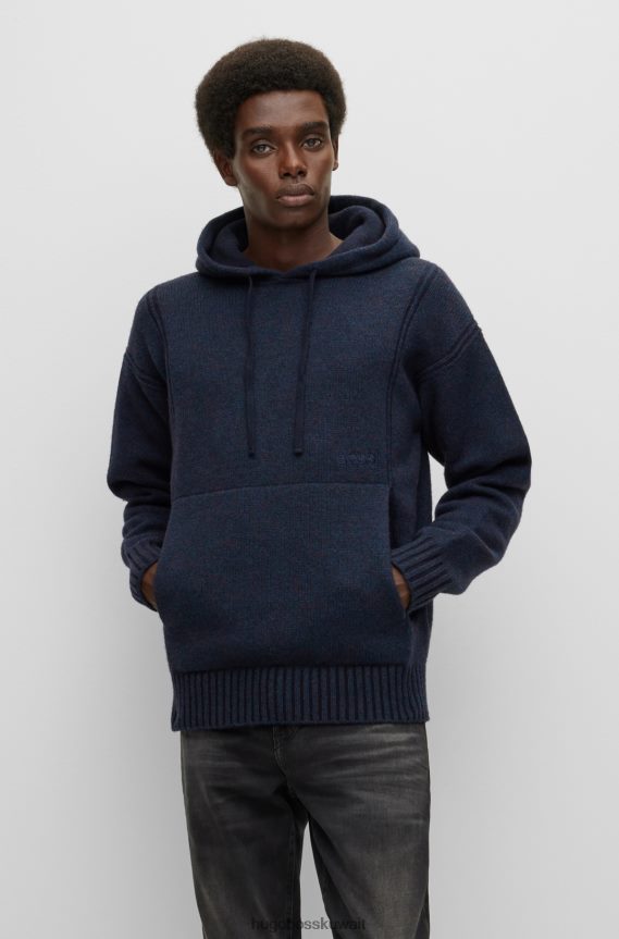 4TFNJN2563 أزرق غامق Hugo Boss هوغو هودي من مزيج الصوف بقصة مريحة مع شعار مطرز باللون الأزرق الداكن