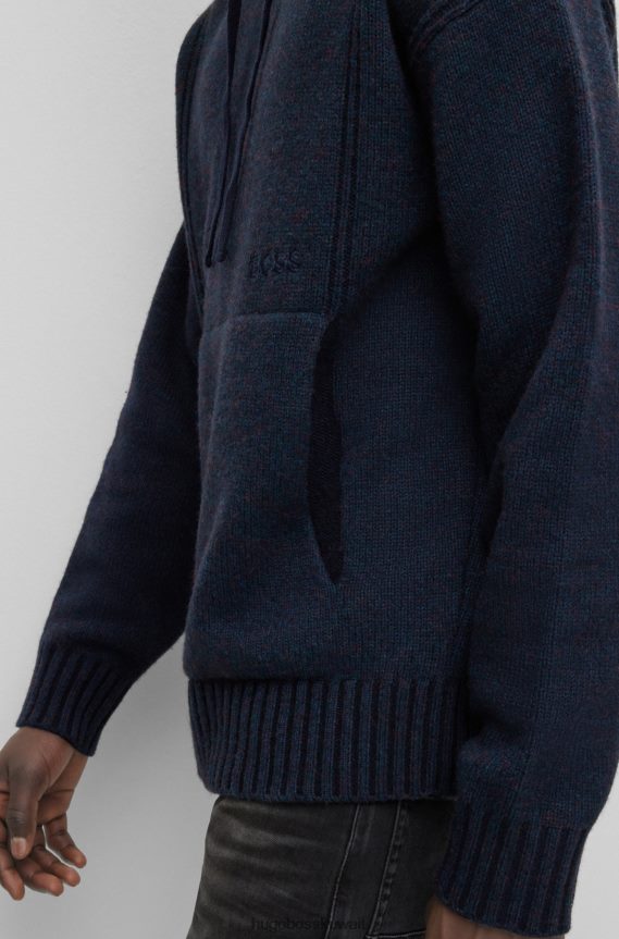 4TFNJN2563 أزرق غامق Hugo Boss هوغو هودي من مزيج الصوف بقصة مريحة مع شعار مطرز باللون الأزرق الداكن