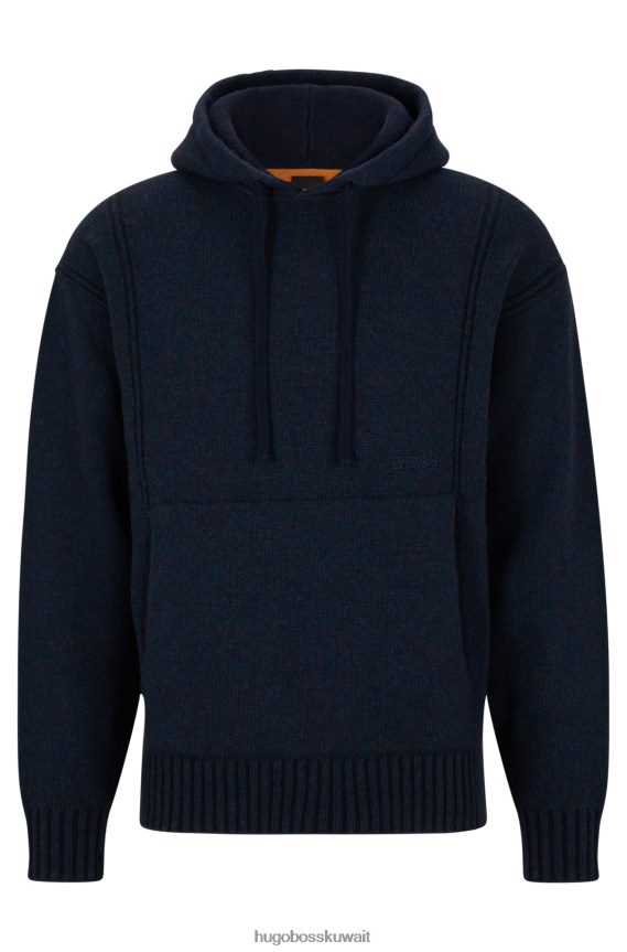 4TFNJN2563 أزرق غامق Hugo Boss هوغو هودي من مزيج الصوف بقصة مريحة مع شعار مطرز باللون الأزرق الداكن