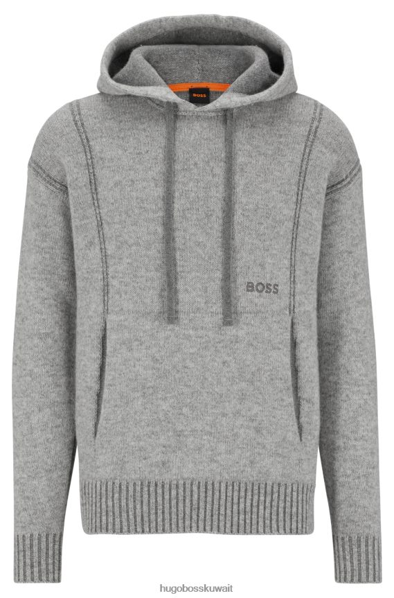 4TFNJN2564 رمادي فاتح Hugo Boss هودي من مزيج الصوف بقصة مريحة مع شعار مطرز باللون الرمادي الفاتح