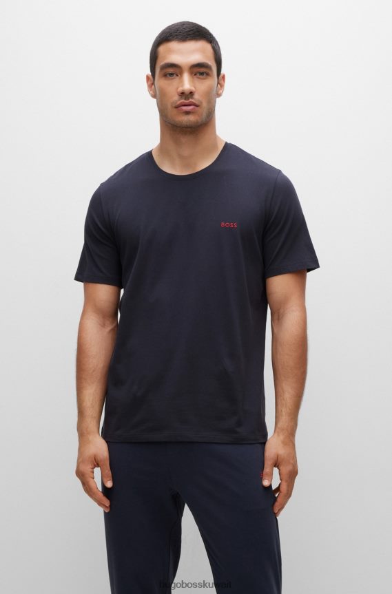 4TFNJN2566 أزرق غامق Hugo Boss تي شيرت من القطن المطاطي مع شعار هوغو بلون مغاير باللون الأزرق الداكن