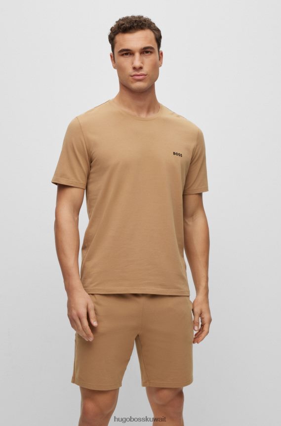 4TFNJN2569 اللون البيج Hugo Boss تيشيرت Hugo Loungewear من القطن المطاطي مع شعار متباين باللون البيج