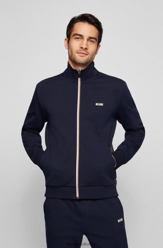 4TFNJN2578 أزرق غامق Hugo Boss سويت شيرت من مزيج القطن بسحاب مع تفاصيل متعددة الألوان، هوجو أزرق داكن