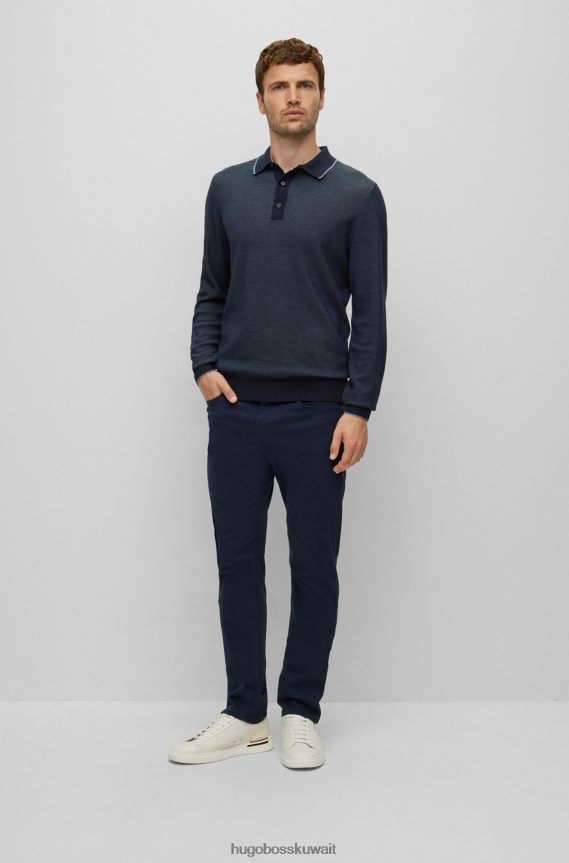 4TFNJN2579 أزرق غامق Hugo Boss سترة بولو هيوغو ذات تصميم دقيق باللون الأزرق الداكن من القطن والحرير