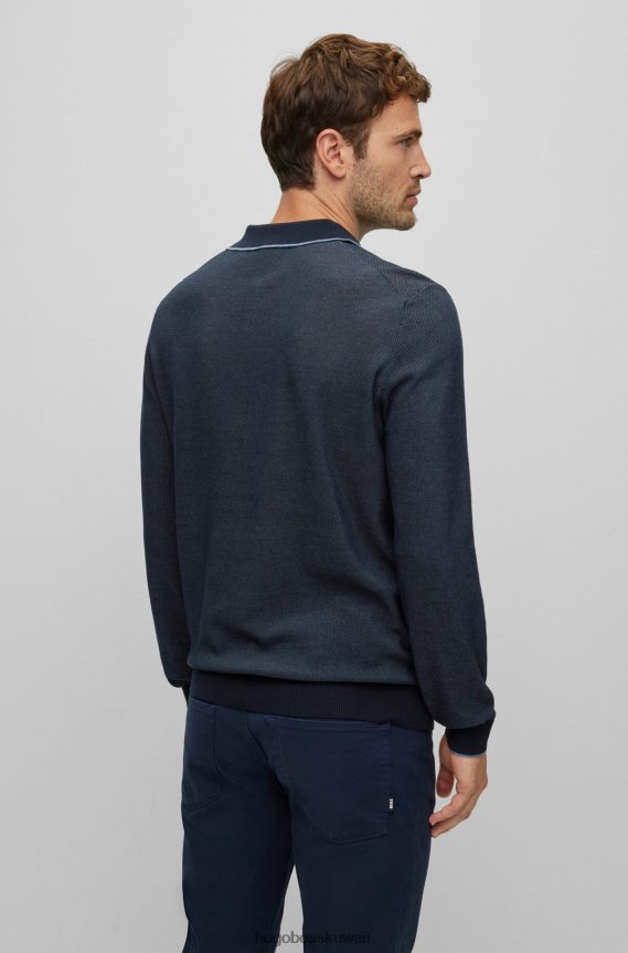 4TFNJN2579 أزرق غامق Hugo Boss سترة بولو هيوغو ذات تصميم دقيق باللون الأزرق الداكن من القطن والحرير