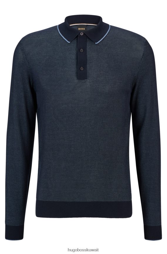 4TFNJN2579 أزرق غامق Hugo Boss سترة بولو هيوغو ذات تصميم دقيق باللون الأزرق الداكن من القطن والحرير