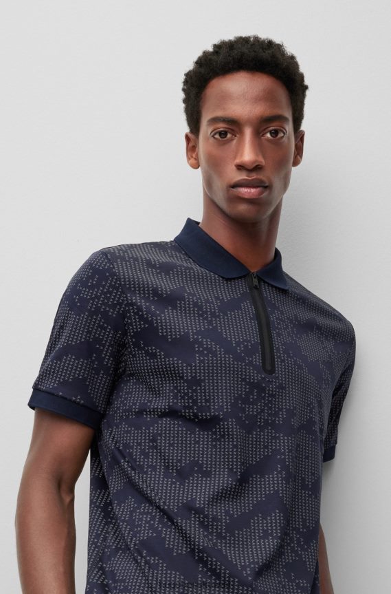 4TFNJN2589 أزرق غامق Hugo Boss قميص بولو هوغو باللون الأزرق الداكن برقبة بسحاب من القطن بنمط جبلي