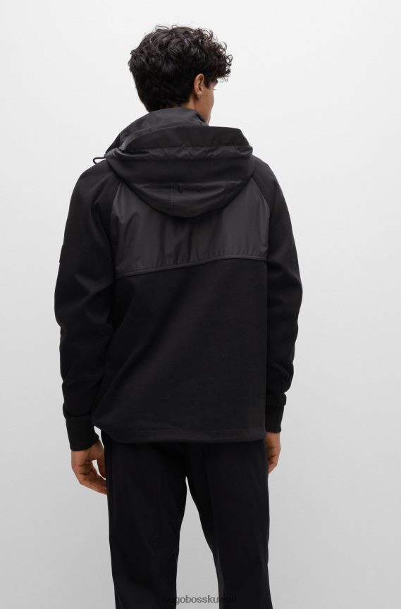 4TFNJN2592 أسود Hugo Boss سويت شيرت هجين أسود مع غطاء رأس قابل للفصل وشريط هوغو المميز