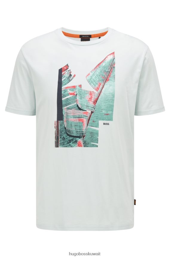 4TFNJN2603 اخضر فاتح Hugo Boss تي شيرت من قطن البيما بقصة عادية مع عمل فني ملون باللون الأخضر الفاتح