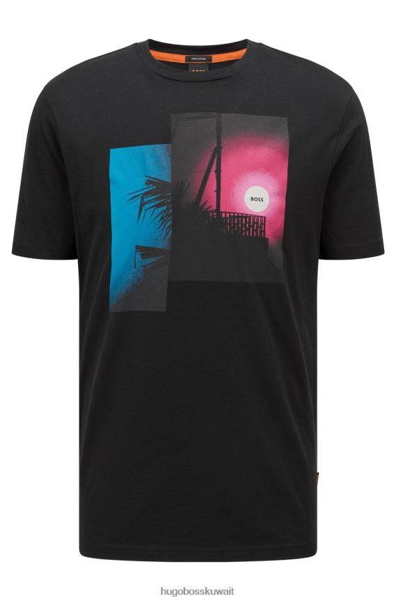 4TFNJN2604 أسود Hugo Boss تي شيرت أسود من قطن بيما بقصة عادية مع عمل فني ملون