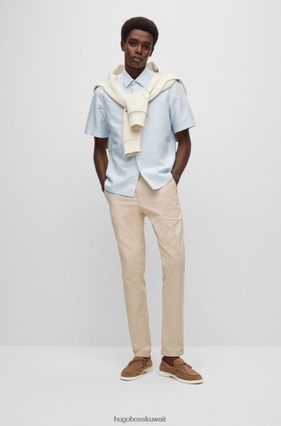 4TFNJN2616 أزرق فاتح Hugo Boss قميص هوغو أزرق فاتح بقصة عادية من الكتان والقطن مع أوراق الجاكار
