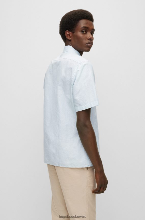 4TFNJN2616 أزرق فاتح Hugo Boss قميص هوغو أزرق فاتح بقصة عادية من الكتان والقطن مع أوراق الجاكار