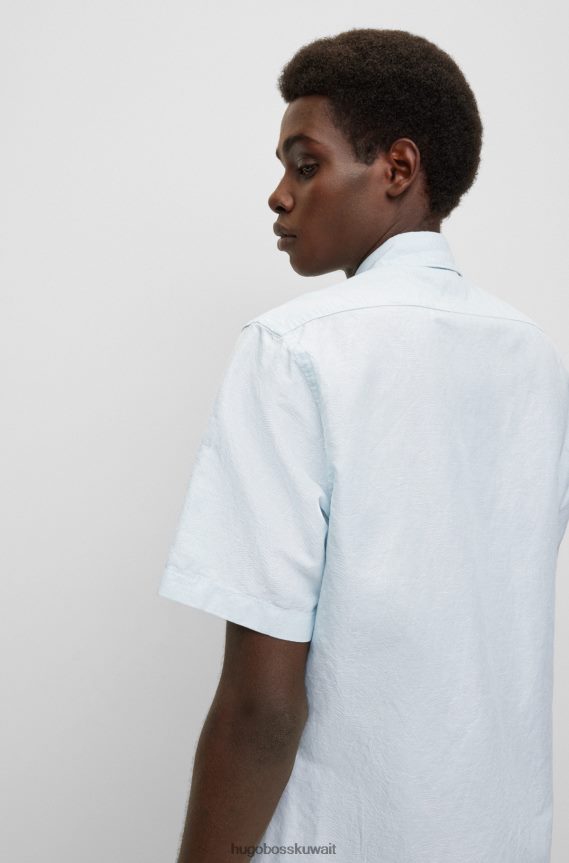 4TFNJN2616 أزرق فاتح Hugo Boss قميص هوغو أزرق فاتح بقصة عادية من الكتان والقطن مع أوراق الجاكار