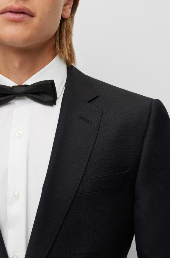 4TFNJN2617 أسود Hugo Boss بدلة Hugo سوداء ضيقة من الصوف البكر المنقوش بشكل دقيق