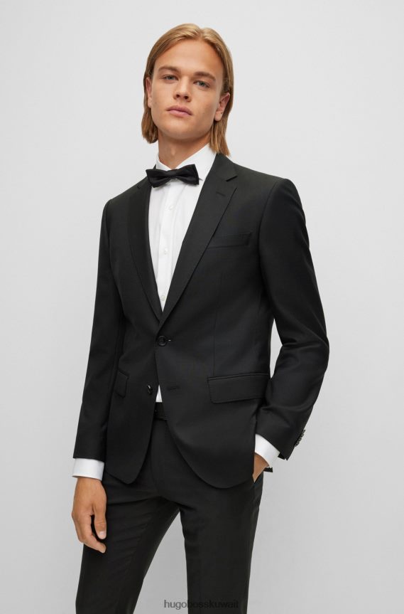 4TFNJN2617 أسود Hugo Boss بدلة Hugo سوداء ضيقة من الصوف البكر المنقوش بشكل دقيق