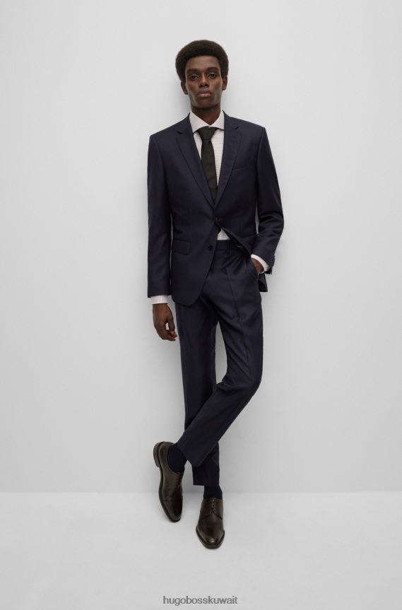 4TFNJN2618 أزرق غامق Hugo Boss بدلة هوغو بقصة ضيقة من الصوف البكر المنقوش باللون الأزرق الداكن