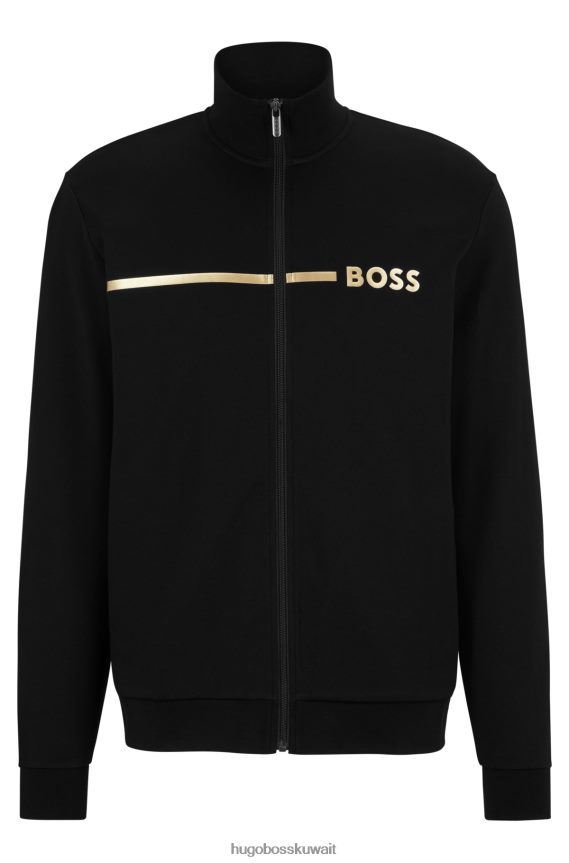 4TFNJN2619 أسود Hugo Boss سترة مريحة من مزيج القطن مع شريط وشعار هوغو أسود