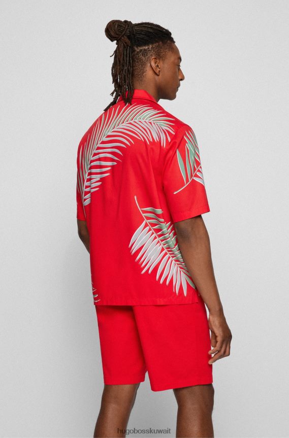 4TFNJN2630 أحمر Hugo Boss قميص Hugo ذو قصة عادية وأكمام قصيرة مع طباعة أوراق الشجر باللون الأحمر