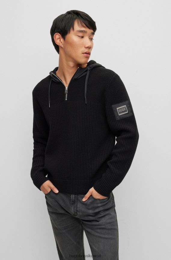 4TFNJN2633 أسود Hugo Boss هودي هجين بياقة بسحاب مع شعار هوغو بإطار معدني باللون الأسود