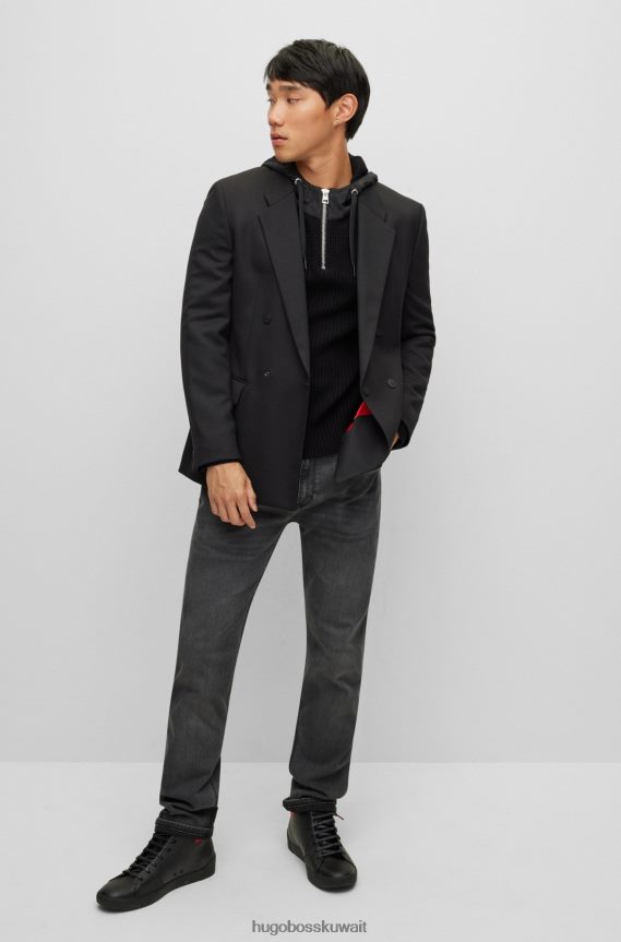 4TFNJN2633 أسود Hugo Boss هودي هجين بياقة بسحاب مع شعار هوغو بإطار معدني باللون الأسود