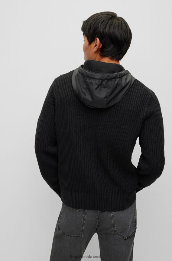 4TFNJN2633 أسود Hugo Boss هودي هجين بياقة بسحاب مع شعار هوغو بإطار معدني باللون الأسود