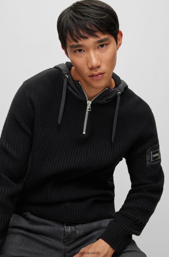 4TFNJN2633 أسود Hugo Boss هودي هجين بياقة بسحاب مع شعار هوغو بإطار معدني باللون الأسود