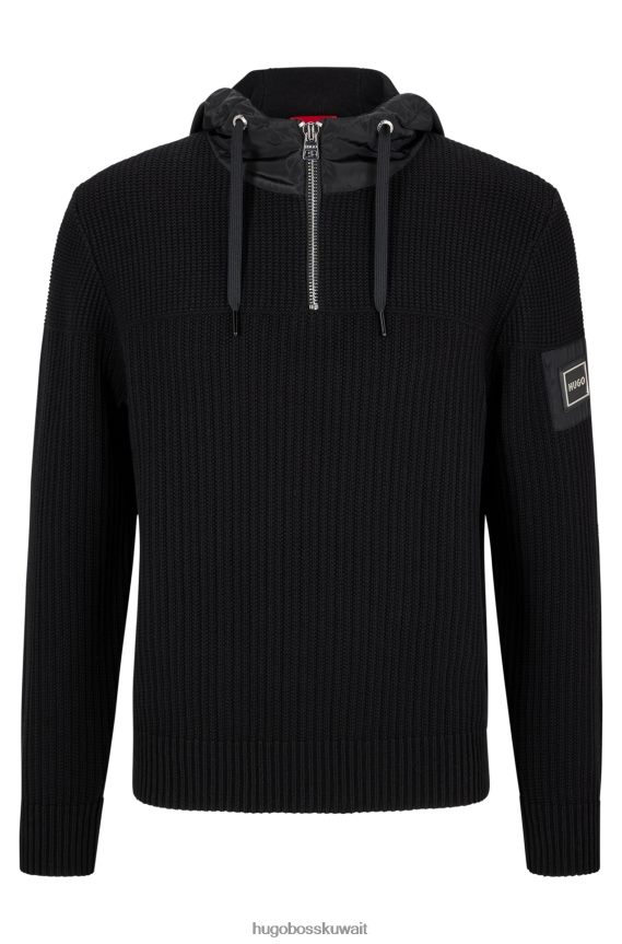 4TFNJN2633 أسود Hugo Boss هودي هجين بياقة بسحاب مع شعار هوغو بإطار معدني باللون الأسود