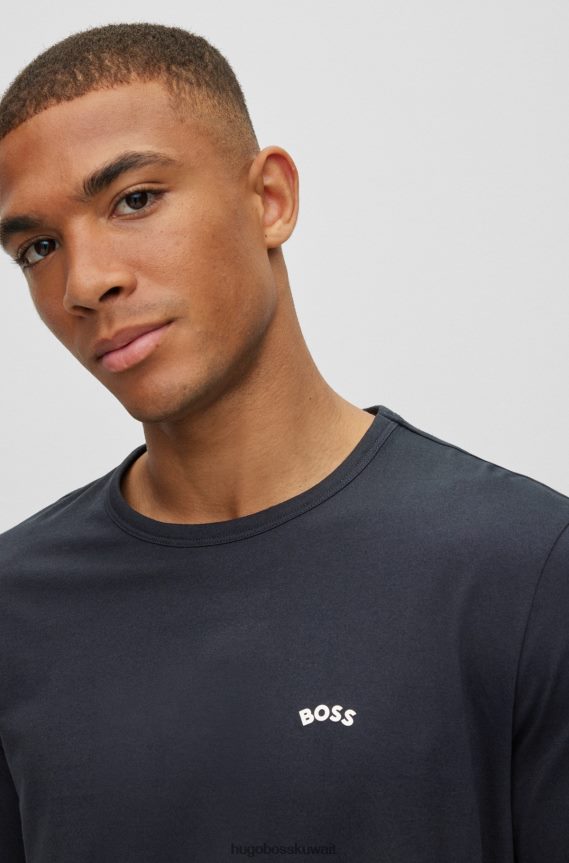4TFNJN2642 أزرق غامق Hugo Boss تيشيرت هوغو من القطن العضوي مع شعار منحني باللون الأزرق الداكن