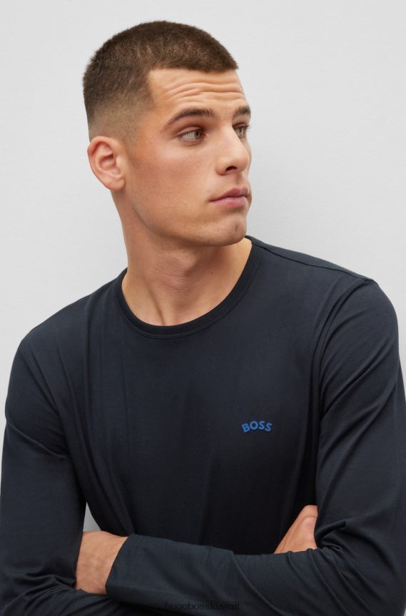 4TFNJN2643 أزرق غامق Hugo Boss تي شيرت من القطن العضوي مع شعار منحني هوغو باللون الأزرق الداكن