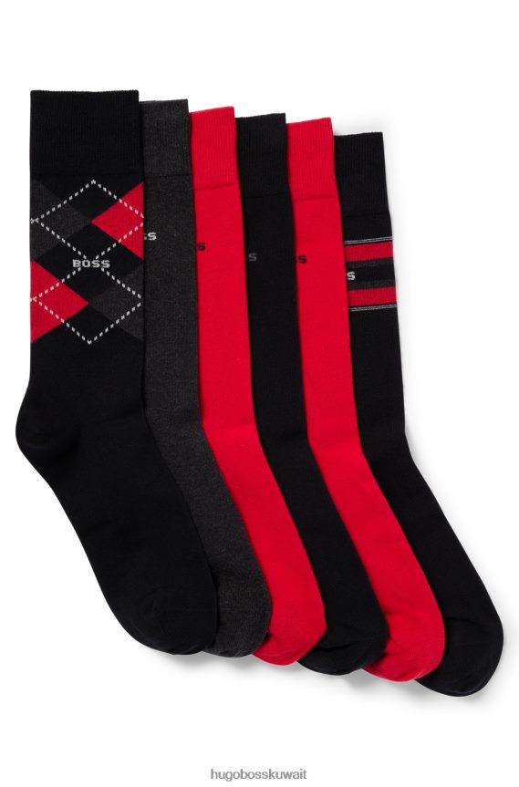 4TFNJN2647 أسود/رمادي غامق/أحمر Hugo Boss مجموعة من ستة جوارب هوغو باللون الأسود مصنوعة من مزيج القطن