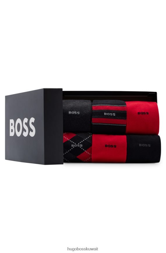 4TFNJN2647 أسود/رمادي غامق/أحمر Hugo Boss مجموعة من ستة جوارب هوغو باللون الأسود مصنوعة من مزيج القطن