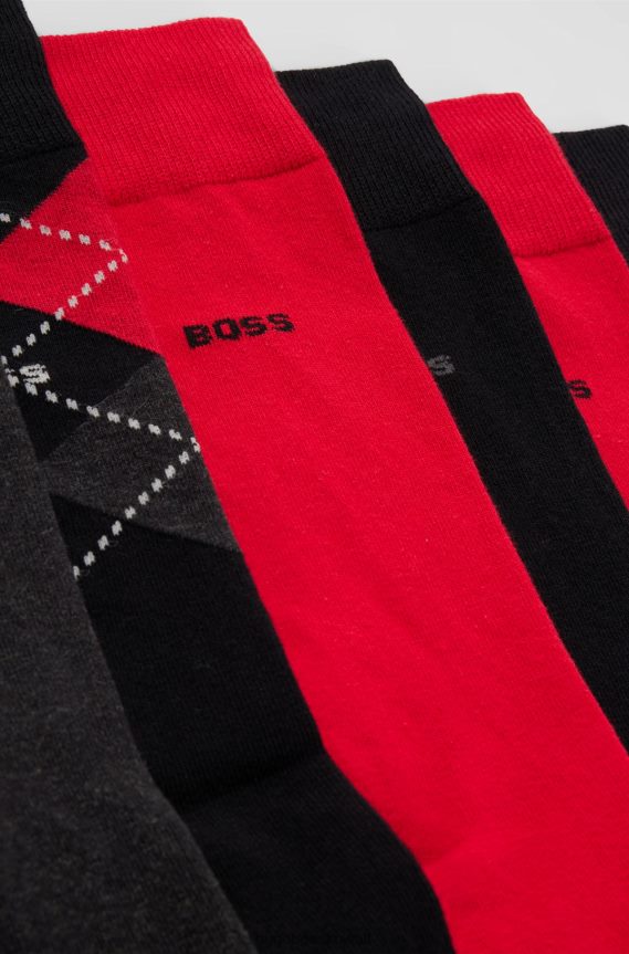 4TFNJN2647 أسود/رمادي غامق/أحمر Hugo Boss مجموعة من ستة جوارب هوغو باللون الأسود مصنوعة من مزيج القطن