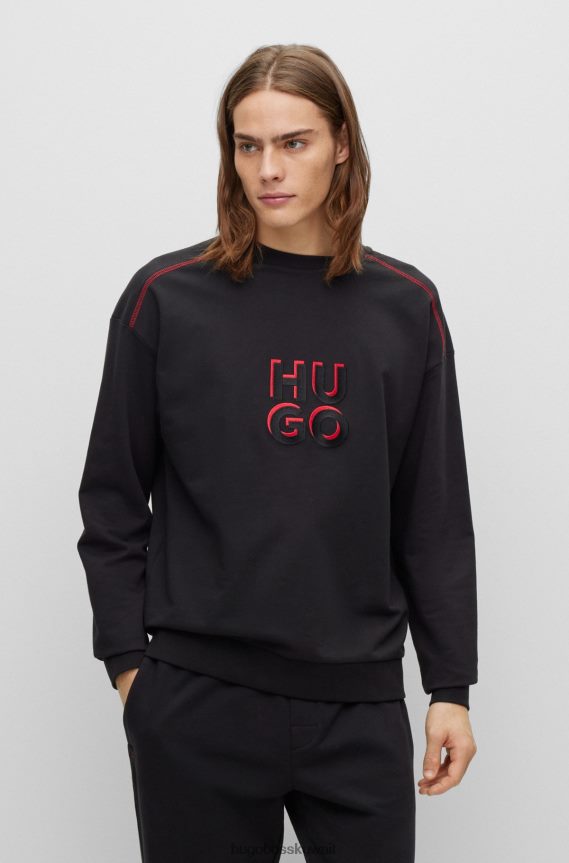 4TFNJN2655 أسود Hugo Boss قميص من النوع الثقيل من قطن تيري مع شعار مكدس باللون الأسود