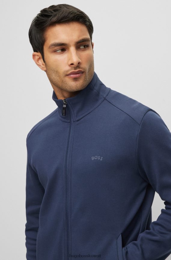 4TFNJN2656 أزرق غامق Hugo Boss سويت شيرت بسحاب باللون الأزرق الداكن من القطن العضوي مع شعار هوغو منحني