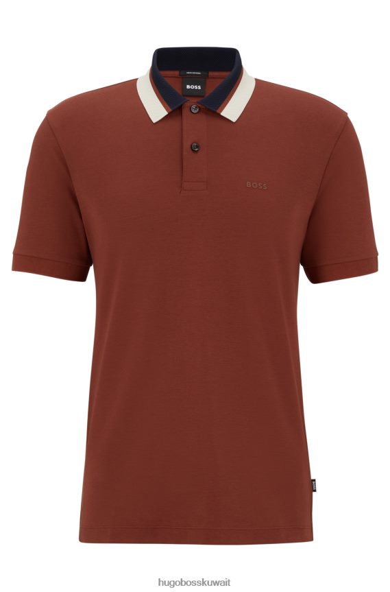 4TFNJN2668 بني Hugo Boss قميص بولو بني بقصة عادية مع ياقة هوغو ملونة