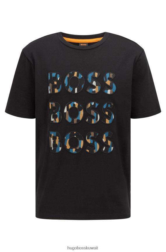 4TFNJN2676 أسود Hugo Boss تيشيرت هوغو أسود مريح من قطن الجيرسيه مع شعار ثلاثي