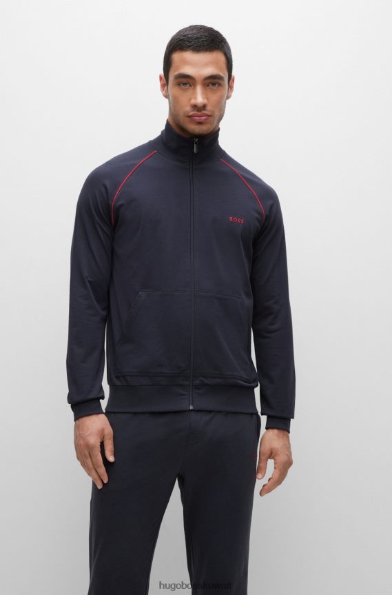 4TFNJN2679 أزرق غامق Hugo Boss سترة مريحة بسحاب من القطن المطاطي مع شعار Hugo باللون الأزرق الداكن