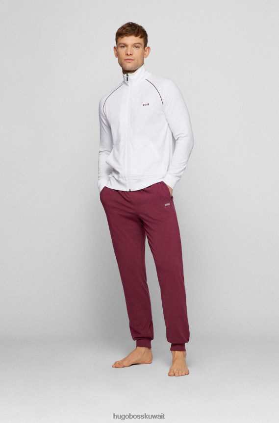 4TFNJN2681 أبيض Hugo Boss سترة مريحة بسحاب من القطن المطاطي مع شعار هوغو باللون الأبيض