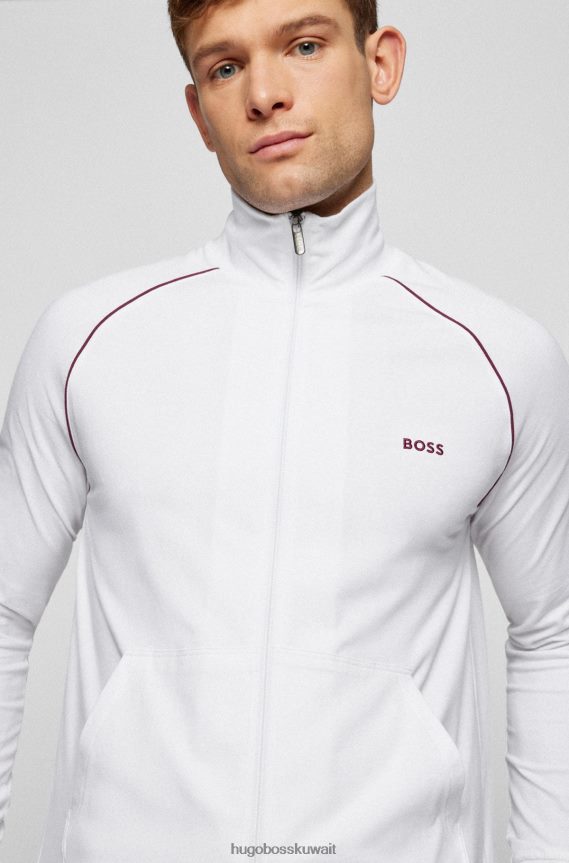 4TFNJN2681 أبيض Hugo Boss سترة مريحة بسحاب من القطن المطاطي مع شعار هوغو باللون الأبيض