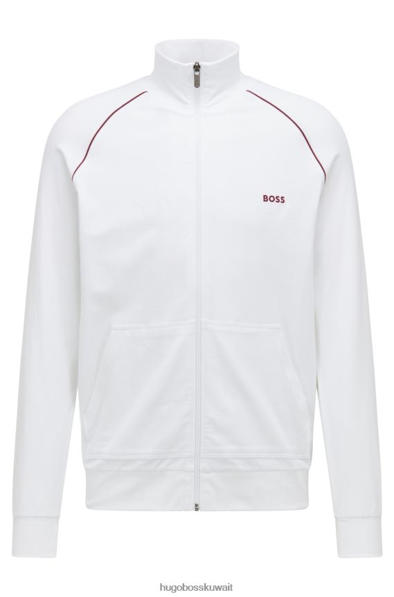 4TFNJN2681 أبيض Hugo Boss سترة مريحة بسحاب من القطن المطاطي مع شعار هوغو باللون الأبيض