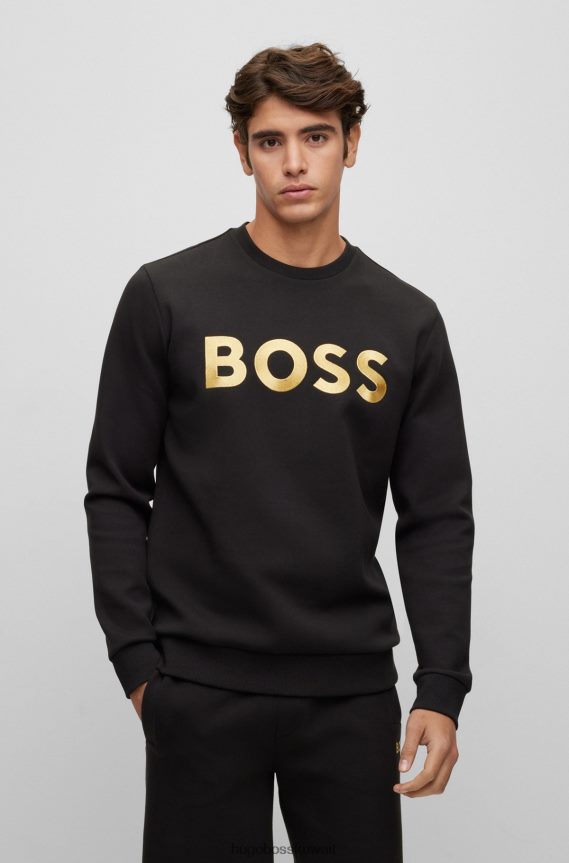 4TFNJN2690 أسود Hugo Boss سويت شيرت من مزيج القطن بقصة مريحة مع شعار متباين باللون الأسود
