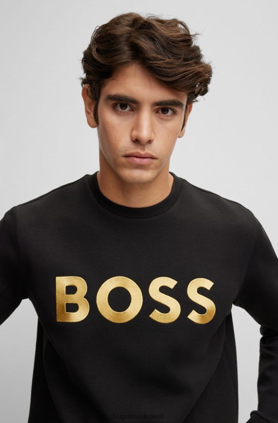 4TFNJN2690 أسود Hugo Boss سويت شيرت من مزيج القطن بقصة مريحة مع شعار متباين باللون الأسود