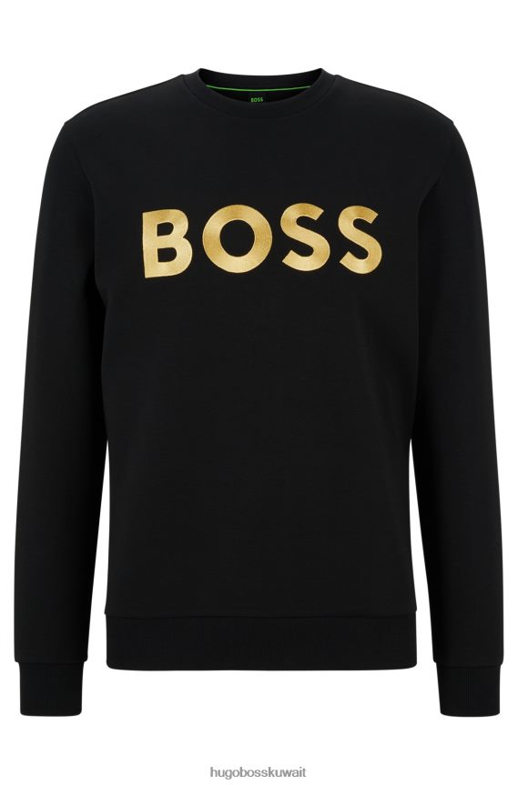 4TFNJN2690 أسود Hugo Boss سويت شيرت من مزيج القطن بقصة مريحة مع شعار متباين باللون الأسود