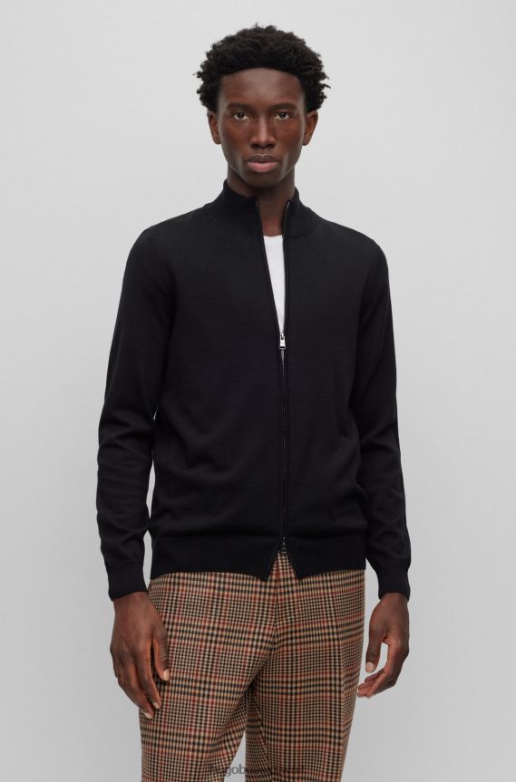 4TFNJN2695 أسود Hugo Boss كارديجان أسود بقصة عادية من الصوف البكر مع شريط هوغو المميز