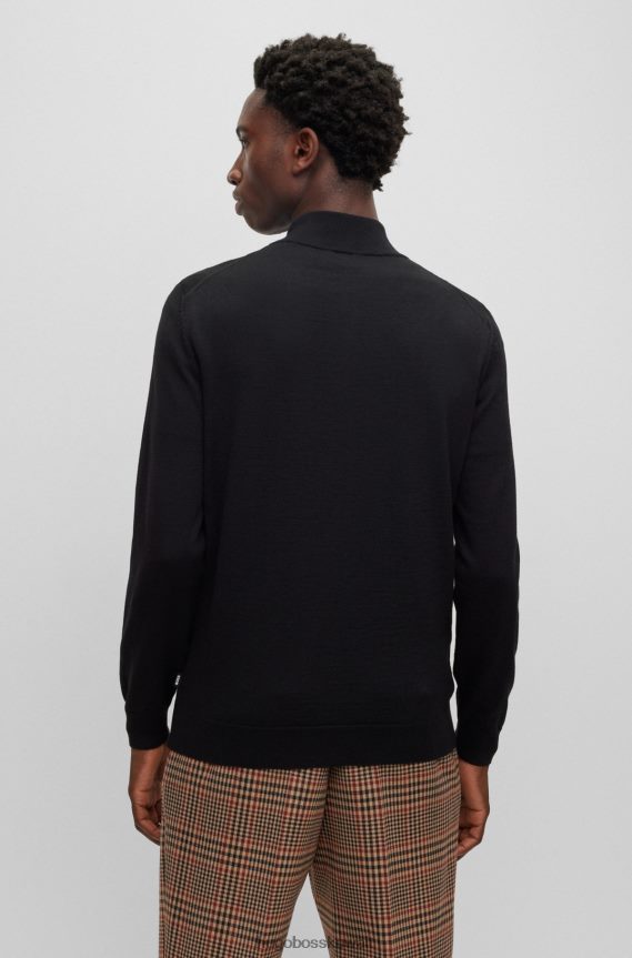 4TFNJN2695 أسود Hugo Boss كارديجان أسود بقصة عادية من الصوف البكر مع شريط هوغو المميز