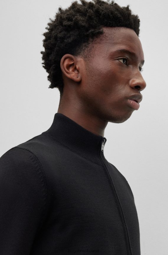 4TFNJN2695 أسود Hugo Boss كارديجان أسود بقصة عادية من الصوف البكر مع شريط هوغو المميز