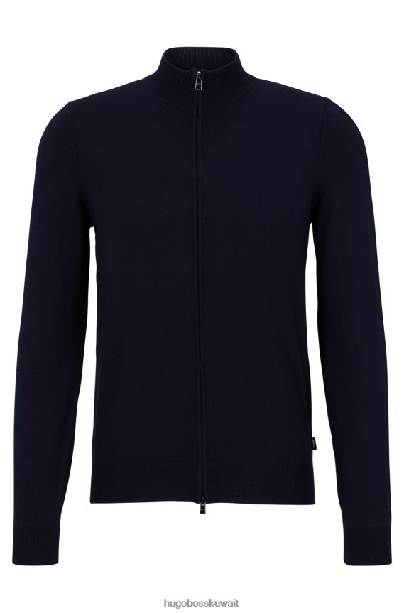 4TFNJN2696 أزرق غامق Hugo Boss سترة صوفية بقصة عادية من الصوف البكر مع شريط هوغو المميز باللون الأزرق الداكن