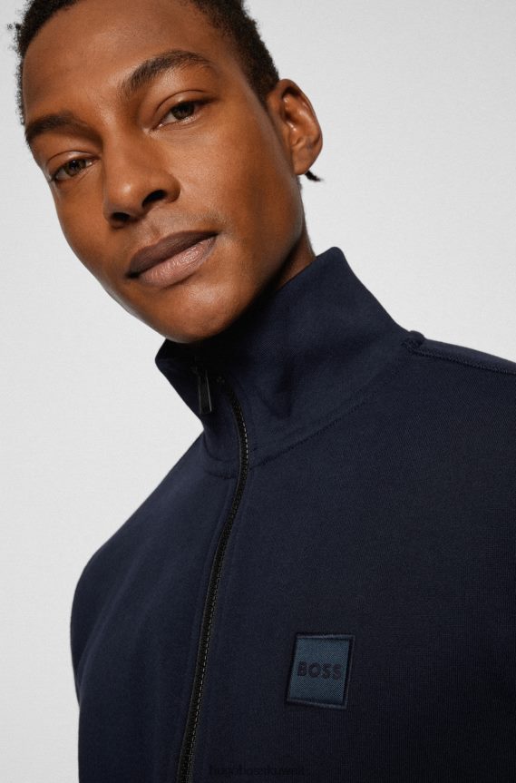 4TFNJN2699 أزرق غامق Hugo Boss سترة هوغو مريحة من قماش تيري الفرنسي مع رقعة شعار باللون الأزرق الداكن