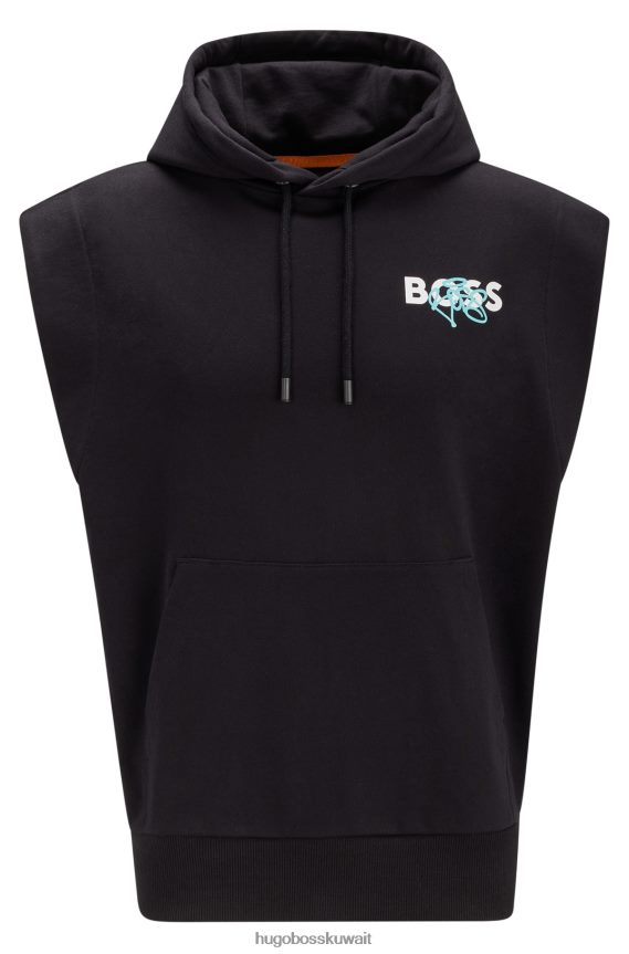 4TFNJN2704 أسود Hugo Boss هودي هوغو من القطن باللون الأسود المريح بدون أكمام مع عمل فني بشعار جرافيتي
