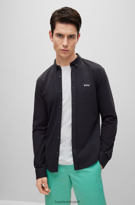 4TFNJN2706 أسود Hugo Boss قميص بقصة عادية مصنوع من مزيج القطن بيكيه © باللون الأسود